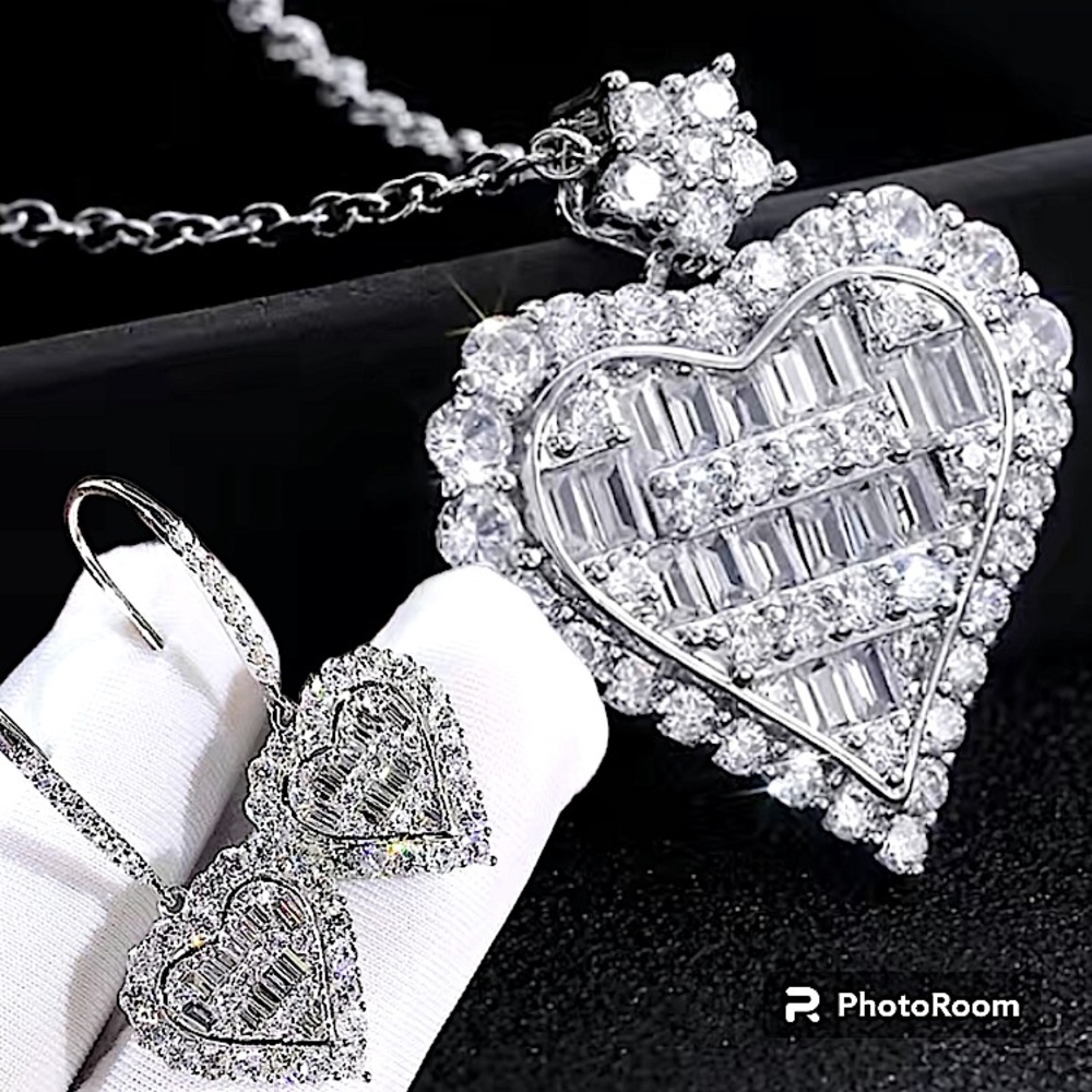 Sterling Silver Heart Zircon Necklace Earrings Matching Set